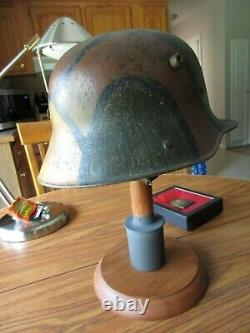 Original complete German WW1 Camo Helmet, Named. With Belt Buckle & Canteen