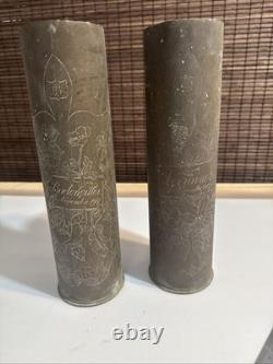 Pair Highly Decorated Dated 1917 WW1 Trench Art Brass 75MM