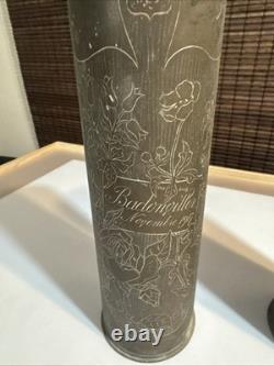 Pair Highly Decorated Dated 1917 WW1 Trench Art Brass 75MM