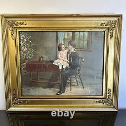 Rare 1914 WW1 Antique US Navy Sailor Hold Little Girl Guilted Gold Framed Print