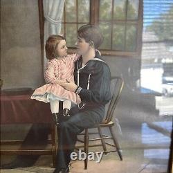 Rare 1914 WW1 Antique US Navy Sailor Hold Little Girl Guilted Gold Framed Print