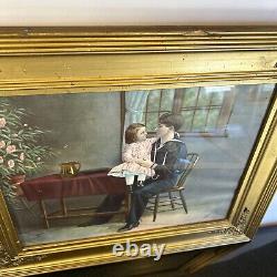 Rare 1914 WW1 Antique US Navy Sailor Hold Little Girl Guilted Gold Framed Print