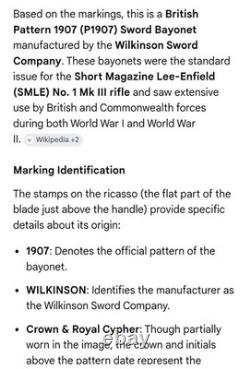 Rare Antique Brittish 1907 Wilkinson Sword Co Bayonet SMLE NO1 MK11 GR DOM 1910