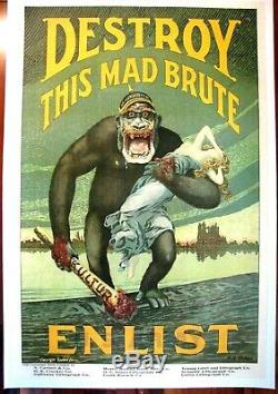 Rare Original WWI War Poster, Destroy This Mad Brute, Harry R. Hopps, 1917, Linen