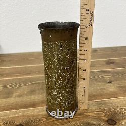 Rare Vintage World War One Trench Art Engraved France 1914 / 1918 Flowers Shell