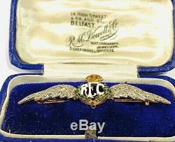 Rare WW1 Royal Flying Corps 15ct Gold Diamond & Enamel Sweetheart Brooch