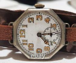 Rare WWI Octagonal Shaped Trench Watch withShrapnel Screen 7J Beleco Swiss