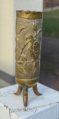 Rare WWI / WWII Trench Art Brass Shell Casing Vase Bird Embossed 3 Legged Stand