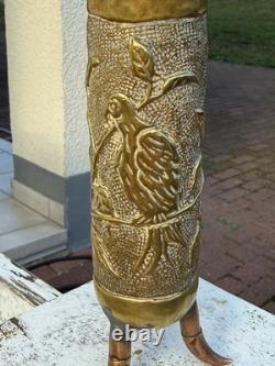 Rare WWI / WWII Trench Art Brass Shell Casing Vase Bird Embossed 3 Legged Stand