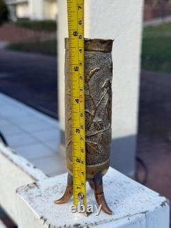 Rare WWI / WWII Trench Art Brass Shell Casing Vase Bird Embossed 3 Legged Stand Rare WWI / WWII Trench Art Brass Shell Casing Vase Bird Embossed 3 Legged Stand
