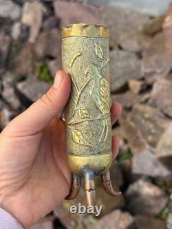 Rare WWI / WWII Trench Art Brass Shell Casing Vase Bird Embossed 3 Legged Stand
