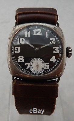 Rolex WWI Officers Trench Watch c. 1916 Sterling Silver Black Dial, SERVICED