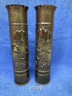 Two World War One Trench Art Brass Shell Vases Over 100 Years Old