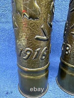 Two World War One Trench Art Brass Shell Vases Over 100 Years Old