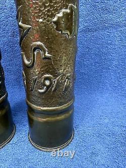 Two World War One Trench Art Brass Shell Vases Over 100 Years Old