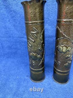 Two World War One Trench Art Brass Shell Vases Over 100 Years Old