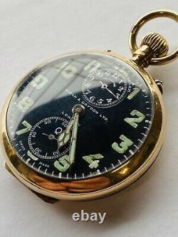Ultra Rare Birch and Gaydon 9ct gold Zenith Alarm Pocket Watch Black Dial ww1