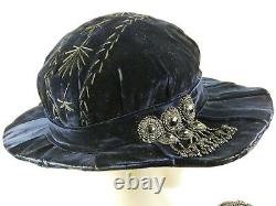 VINTAGE HAT WW1 1910s FRENCH, BICORN CLOCHE HAT, DEEP BLUE VELVET & JET BEAD