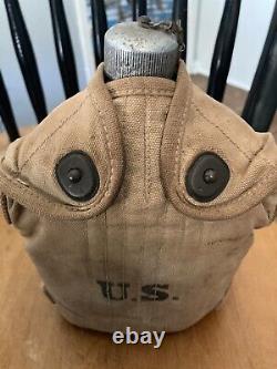 Vintage 1918 US Army canteen and pouch Rare Military With Name And Cross WWI