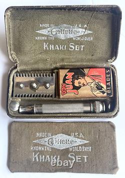 Vintage 1918 Ww1 Gillette Us Army Khaki Set Safety Razor & Mirror Military Field