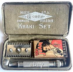 Vintage 1918 Ww1 Gillette Us Army Khaki Set Safety Razor & Mirror Military Field