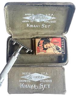 Vintage 1918 Ww1 Gillette Us Army Khaki Set Safety Razor & Mirror Military Field