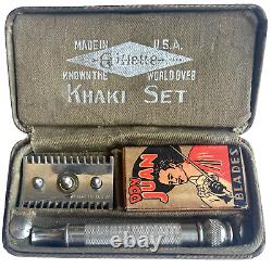 Vintage 1918 Ww1 Gillette Us Army Khaki Set Safety Razor & Mirror Military Field