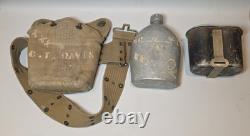Vtg WW1 US Army M-1910 Canteen Cup Cover 1918 Pistol Belt Trench Art ID D. Leepen