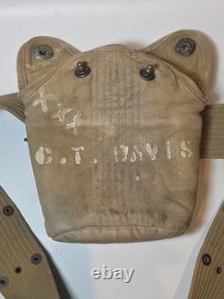Vtg WW1 US Army M-1910 Canteen Cup Cover 1918 Pistol Belt Trench Art ID D. Leepen