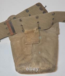 Vtg WW1 US Army M-1910 Canteen Cup Cover 1918 Pistol Belt Trench Art ID D. Leepen