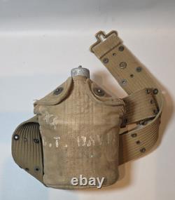 Vtg WW1 US Army M-1910 Canteen Cup Cover 1918 Pistol Belt Trench Art ID D. Leepen