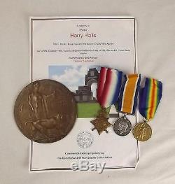 WW1 1914 Star Medal Trio & Memorial Plaque Private Harry Halls Royal Fusiliers