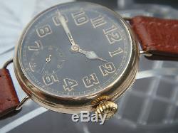 WW1 1916 9ct solid Gold Dennison cased Rode military trench watch black dial