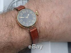 WW1 1916 9ct solid Gold Dennison cased Rode military trench watch black dial