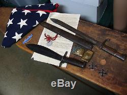 WW1 German bayonet Iron Cross Bolo Belt buckle US Flag 134th VET LOT Dogtags +++