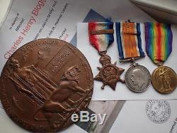 WW1 Great War death plaque 1914 Mons star medal trio Blogg 2nd Rifle Bde KIA