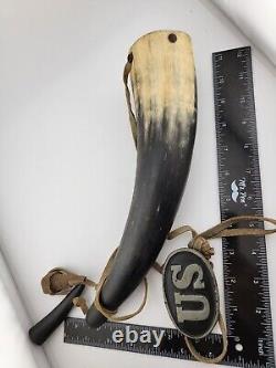 WW1 US Military Large Black Powder Horn & Belt Buckle (Painted)