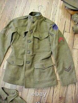 WW1 U. S. Tunic / Patches Breeches 2 Caps Shirt Belt Pair Puttee Uniform Grouping+
