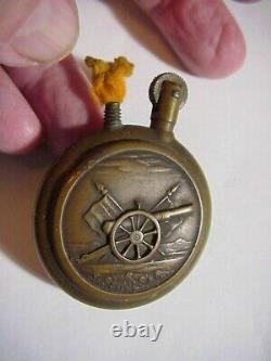 WWI BRASS TRENCH LIGHTER Round with Embossed SHIELD EAGLE & CANNON & FLAG