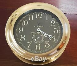 WWI Chelsea 8.5 black engraved brass dial US Navy ships clock w Key