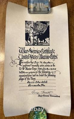 WWI Era United States Marine Corps War Service Certificate With Mailing Tube