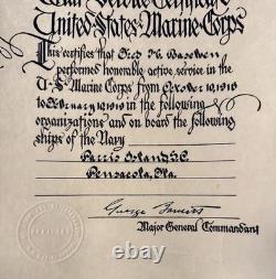 WWI Era United States Marine Corps War Service Certificate With Mailing Tube