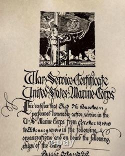 WWI Era United States Marine Corps War Service Certificate With Mailing Tube