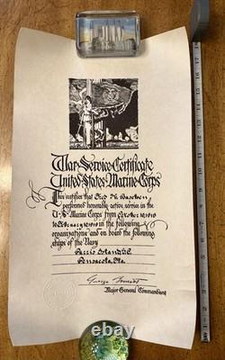 WWI Era United States Marine Corps War Service Certificate With Mailing Tube
