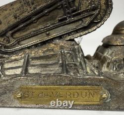 WWI French Trench Art Inkwell Renault FT17 Tank Helmet Souvenir de Verdun B31