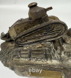 WWI French Trench Art Inkwell Renault FT17 Tank Helmet Souvenir de Verdun B31