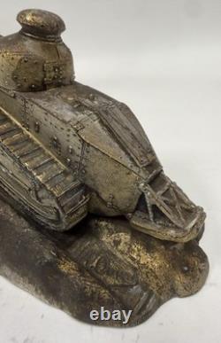 WWI French Trench Art Inkwell Renault FT17 Tank Helmet Souvenir de Verdun B31