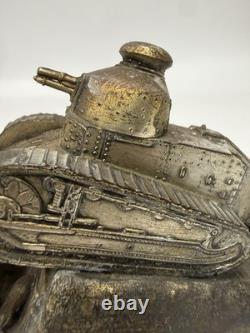 WWI French Trench Art Inkwell Renault FT17 Tank Helmet Souvenir de Verdun B31