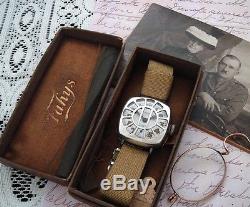 WWI Sterling Patria Trench Watch with Shrapnel Guard Original Box, Tag SERVICED
