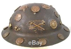 WWI US Army AEF M1917 Helmet Shell withCustomized Trench Art Buttons & Badges RARE